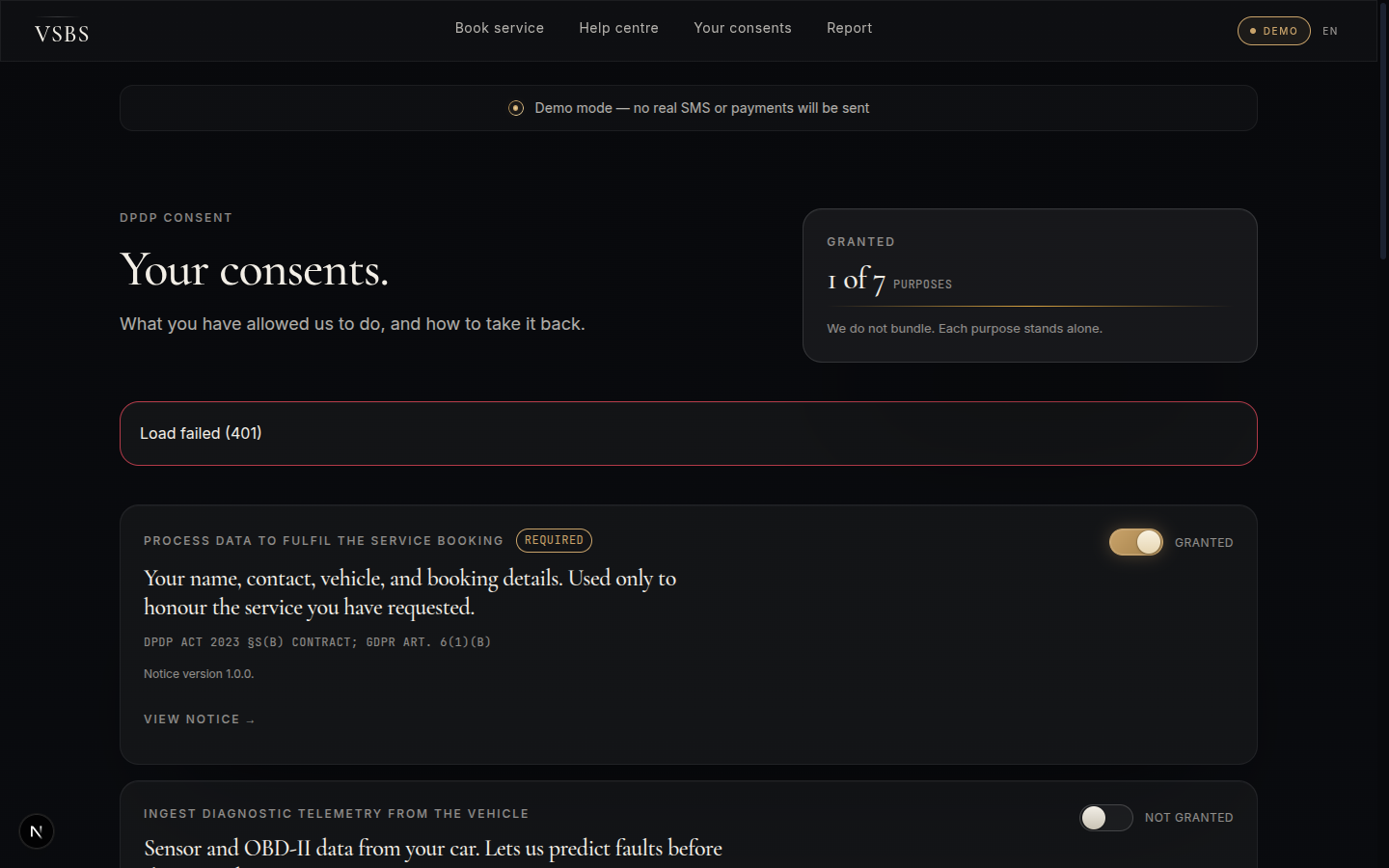 Consent management screen at /me/consent showing per-purpose toggles with current version pins.