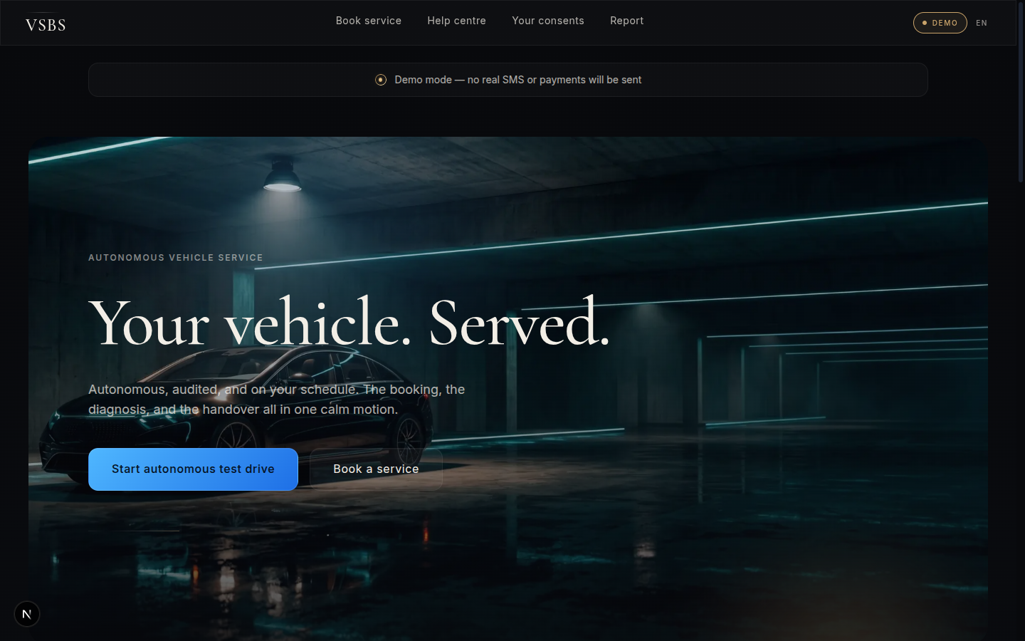 VSBS home page with a dark hero image of a car at a service bay, headline reading 'Your vehicle. Served.', and call-to-action buttons.