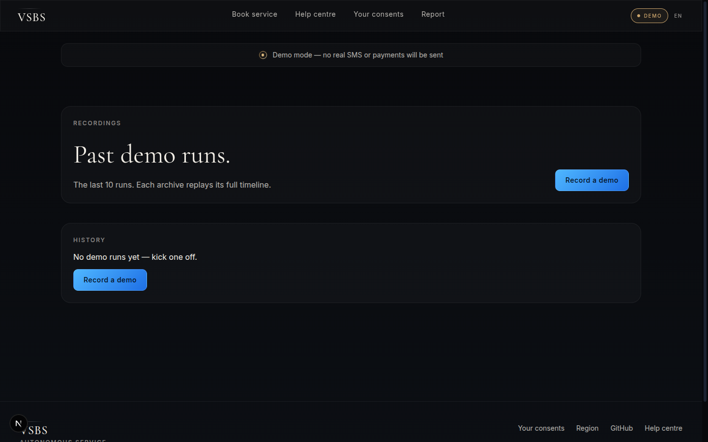 Recordings page listing CARLA demo clips with start, duration, and download buttons.